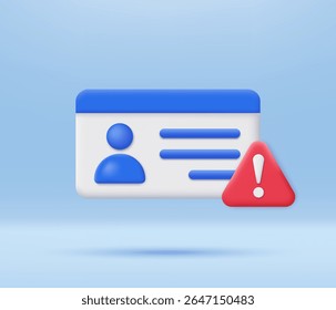 Cartão de identificação 3D e ponto de exclamação em triângulo vermelho. Aprovar erro de cartão de verificação de identidade. Erro de autorização do usuário. Minimalista desenho animado icon.Trendy e vetor moderno no estilo 3d.