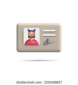 Tarjeta de identificación 3D. La tarjeta de identificación 3d representa el diseño. Documento personal con firma. Control de acceso. Ilustración vectorial, estilo de dibujos animados. Se puede usar para web e impresión.