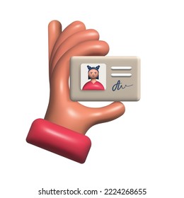 3D ID card. Woman holds an identification card in hand. 3d render design. Personal document with signature. Personal identification. Access control. Vector illustration, cartoon style. Web, print.