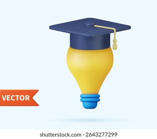3d Idea and education concept icon lightbulb. 3d rendering of graduation cap on yellow light bulb. Vector illustration