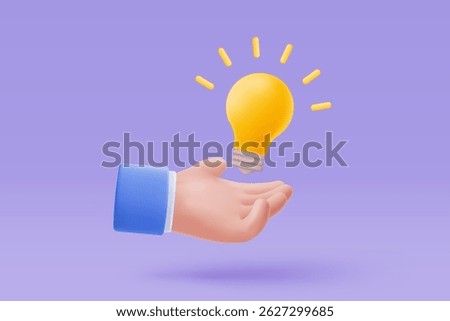 3D idea make money with lamp on hand holding in background.  growing business isolated concept, 3d bulb vector render for finance, investment, light bulb in hand like idea make earning concept