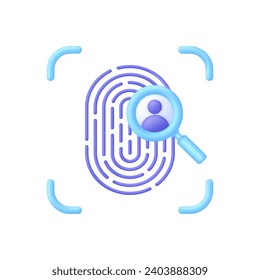 3D Identity person with fingerprint. Scan loupe icon. People search concept. Fingerprint scanning. The concept of biometric authorization and business security. Trendy and modern vector in 3d style