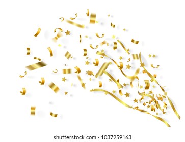 3d illsutration exploding gold ribbon and confetti on white background