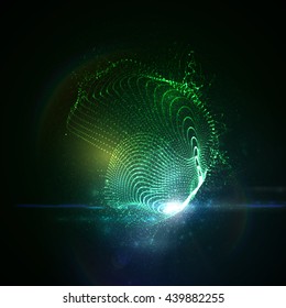3D illuminated abstract digital neon splash of glowing particles and Flare lens light effect. Futuristic vector illustration of particles. Technology concept of radio sound wave. Abstract background