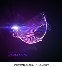 3D illuminated abstract digital neon splash of glowing particles and Flare lens light effect. Vector illustration of particles.