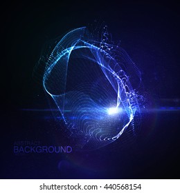 3D illuminated abstract digital neon splash of glowing particles and Flare lens light effect. Futuristic vector illustration. 