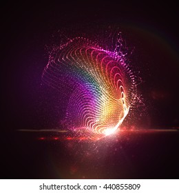 3D Illuminated Abstract Digital Rainbow Neon Splash Of Glowing Particles And Flare Lens Light Effect. Futuristic Vector Illustration Of Particles. Technology Concept Of Radio Or Sound Wave