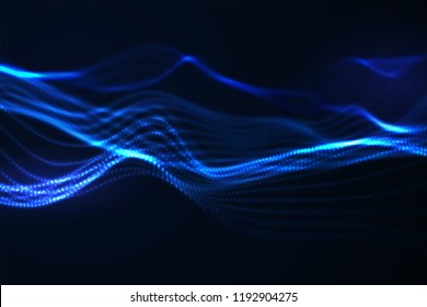 3D illuminated abstract digital wave of glowing particles. Blue neon structure. Futuristic vector illustration. HUD element. Big data concept. Abstract technology background