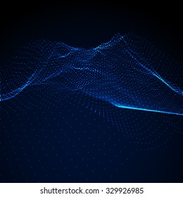 3D illuminated abstract digital wave of glowing particles and wireframe. Futuristic vector illustration. HUD element. Technology concept. Abstract background