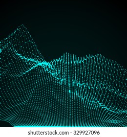 3D illuminated abstract digital wave of glowing particles and wireframe. Futuristic vector illustration. HUD element. Technology concept. Abstract background
