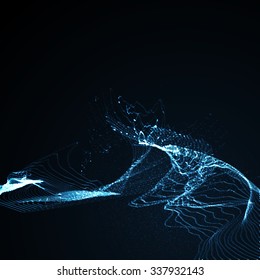 3D illuminated abstract digital wave of glowing particles and wireframe. Futuristic vector illustration. HUD element. Technology concept. Abstract background