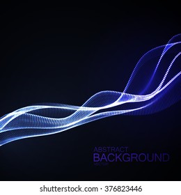 3D illuminated abstract digital wave of glowing particles and wireframe. Neon Sign. Futuristic vector illustration. HUD element. Technology concept. Abstract background