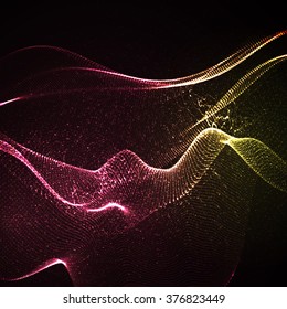 3D illuminated abstract digital wave of glowing particles and wireframe. Neon Sign. Futuristic vector illustration. HUD element. Technology concept. Abstract background
