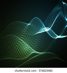 3D illuminated abstract digital wave of glowing particles and wireframe. Neon Sign. Futuristic vector illustration. HUD element. Technology concept. Abstract background
