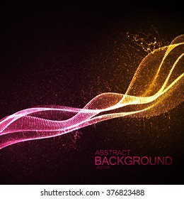 3D illuminated abstract digital wave of glowing particles and wireframe. Neon Sign. Futuristic vector illustration. HUD element. Technology concept. Abstract background