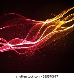 3D illuminated abstract digital wave of glowing particles and wireframe. Neon Sign. Futuristic vector illustration. HUD element. Technology concept. Abstract background