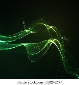 3D illuminated abstract digital wave of glowing particles and wireframe. Neon Sign. Futuristic vector illustration. HUD element. Technology concept. Abstract background