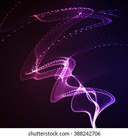 3D illuminated abstract digital wave of glowing particles and wireframe. Neon Sign. Futuristic vector illustration. HUD element. Technology concept. Abstract background