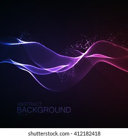 3D illuminated abstract digital wave of glowing particles and wireframe. Neon Sign. Futuristic vector illustration. HUD element. Technology concept. Abstract background