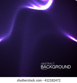 3D illuminated abstract digital wave of glowing particles and wireframe. Neon Sign. Futuristic vector illustration. HUD element. Technology concept. Abstract background
