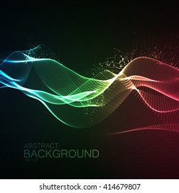 3D illuminated abstract digital wave of glowing particles and wireframe. Neon Sign. Futuristic vector illustration. HUD element. Technology concept. Abstract background