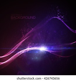3D illuminated abstract digital wave of glowing particles and Flare lens light effect. Neon abstract background. Futuristic vector illustration of particles. Technology concept of radio or sound wave.