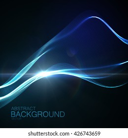 3D illuminated abstract digital wave of glowing particles and Flare lens light effect. Neon abstract background. Futuristic vector illustration of particles. Technology concept of radio or sound wave.