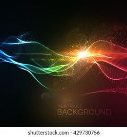 3D illuminated abstract digital wave of glowing particles and Flare lens light effect. Futuristic vector illustration of particles. Technology concept of radio or sound wave. Abstract background