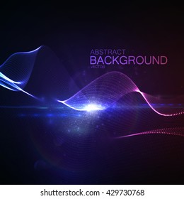 3D illuminated abstract digital wave of glowing particles and Flare lens light effect. Futuristic vector illustration of particles. Technology concept of radio or sound wave. Abstract background