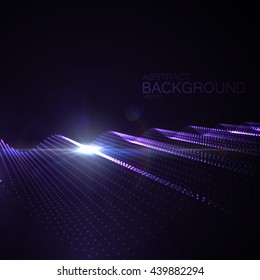 3D illuminated abstract digital wave of glowing particles and Flare lens light effect. Futuristic vector illustration of particles. Technology concept of radio or sound wave. Abstract background