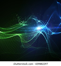 3D illuminated abstract digital wave of glowing particles and Flare lens light effect. Futuristic vector illustration of particles. Technology concept of radio or sound wave. Abstract background