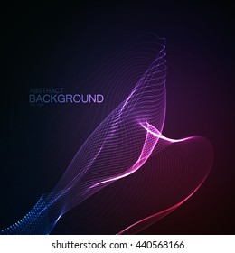 3D illuminated abstract digital wave of glowing particles and wireframe. Neon Sign. Futuristic vector illustration. HUD element. 