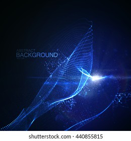 3D illuminated abstract digital wave of glowing particles and Flare lens light effect. Futuristic vector illustration of particles. Technology concept of radio or sound wave. Abstract background
