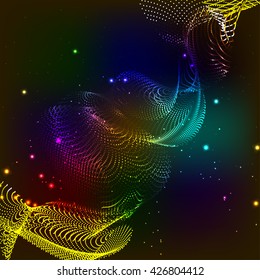 3D illuminated abstract glowing particles and wireframe. Futuristic vector illustration. HUD element. Technology concept. Abstract background