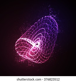 3D illuminated abstract object of glowing particles and wireframe. Neon Sign. Futuristic vector illustration. HUD element. Technology concept. Abstract background