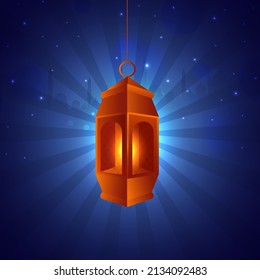 3D-Illuminierte arabische Laterne hang auf blaue Lichter Effekt robusten Hintergrund und Kopienraum.