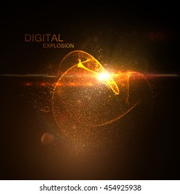 3D illuminated digital neon splash of glowing particles and Flare lens light effect. Futuristic vector illustration of particles. Technology concept of radio or sound wave. Abstract energy background