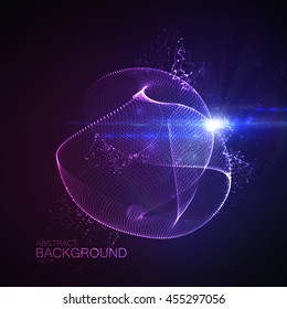3D illuminated digital neon splash of glowing particles and Flare lens light effect. Futuristic vector illustration of particles. Technology concept of radio or sound wave. Abstract energy background