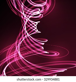 3D illuminated distorted helix shapes of glowing particles and wireframe. Futuristic vector illustration. Technology digital vortex or swirl background