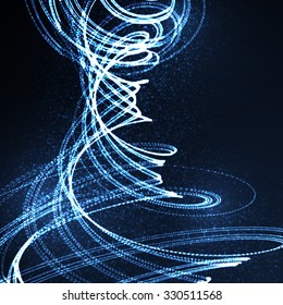 3D illuminated distorted helix shapes of glowing particles and wireframe. Futuristic vector illustration. Technology digital vortex or swirl background