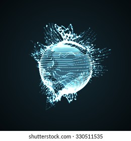 3D illuminated distorted sphere of glowing particles and wireframe. Futuristic vector illustration. HUD element. Technology digital splash or explosion concept