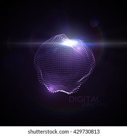 3D illuminated distorted sphere of glowing particles, wireframe and Flare lens light effect. Futuristic vector illustration. Technology concept. Science virus or molecule model