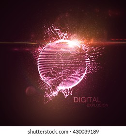 3D illuminated distorted sphere of glowing particles, wireframe and flare lens light effect. Futuristic vector illustration. HUD element. Technology digital splash or explosion concept