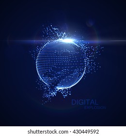 3D illuminated distorted sphere of glowing particles, wireframe and flare lens light effect. Futuristic vector illustration. HUD element. Technology digital splash or explosion concept