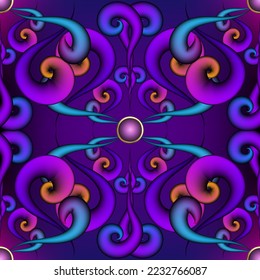 3d illuminated glowing floral seamless pattern. Neon shiny colorful vector background. Repeat glow backdrop. Modern neon flowers, swirls , 3d buttons. Hand drawn luxury ornament. Endless glow texture.