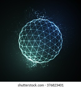 3D illuminated neon sphere of glowing particles. Futuristic vector illustration. HUD element. Technology concept