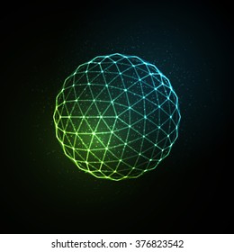 3D illuminated neon sphere of glowing particles. Futuristic vector illustration. HUD element. Technology concept