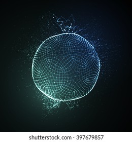 3D illuminated neon sphere of glowing particles. Futuristic vector illustration. HUD element. Technology concept. Nano or microbiology vector. Pharmacy concept