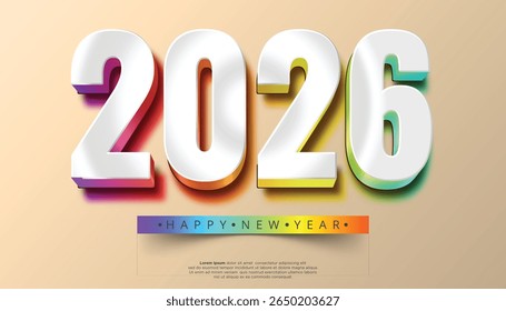 Números iluminados 3D 2026 com sombra colorida e fita feliz ano novo