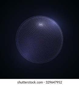 3D illuminated sphere of glowing particles and wireframe. Futuristic vector illustration. HUD element. Technology concept